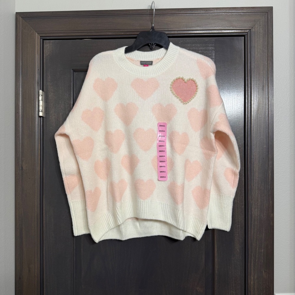 Vince Camuto Womens Heart Sweater Pearl Embellished Cream Pink SV1824 Small‎ NWT